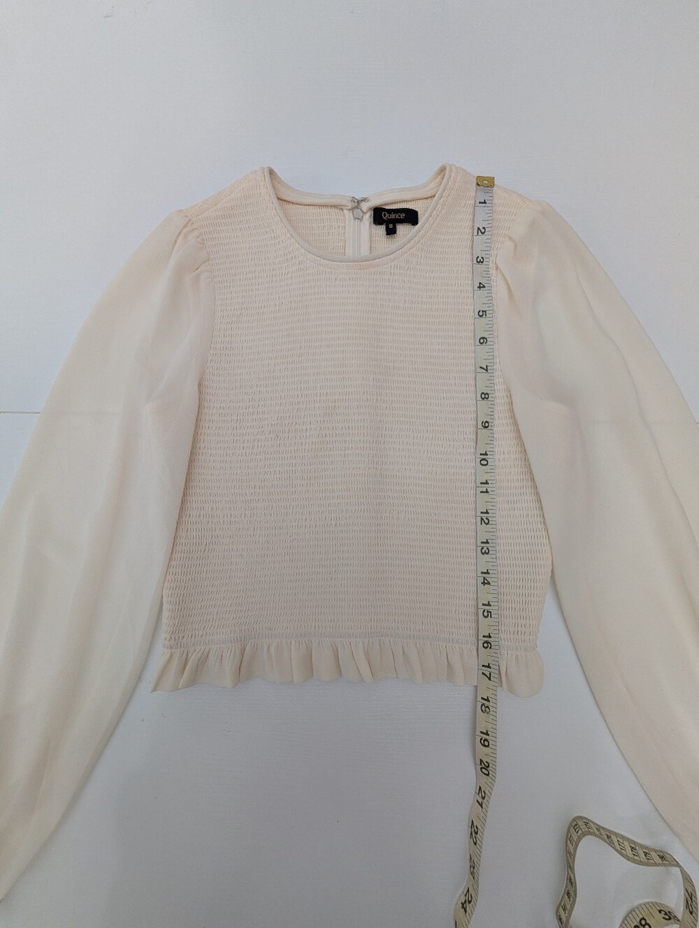 Quince Ivory Smocked Chiffon Blouse Size S Long Balloon Sleeve Cottage Old Money - Picture 7 of 12